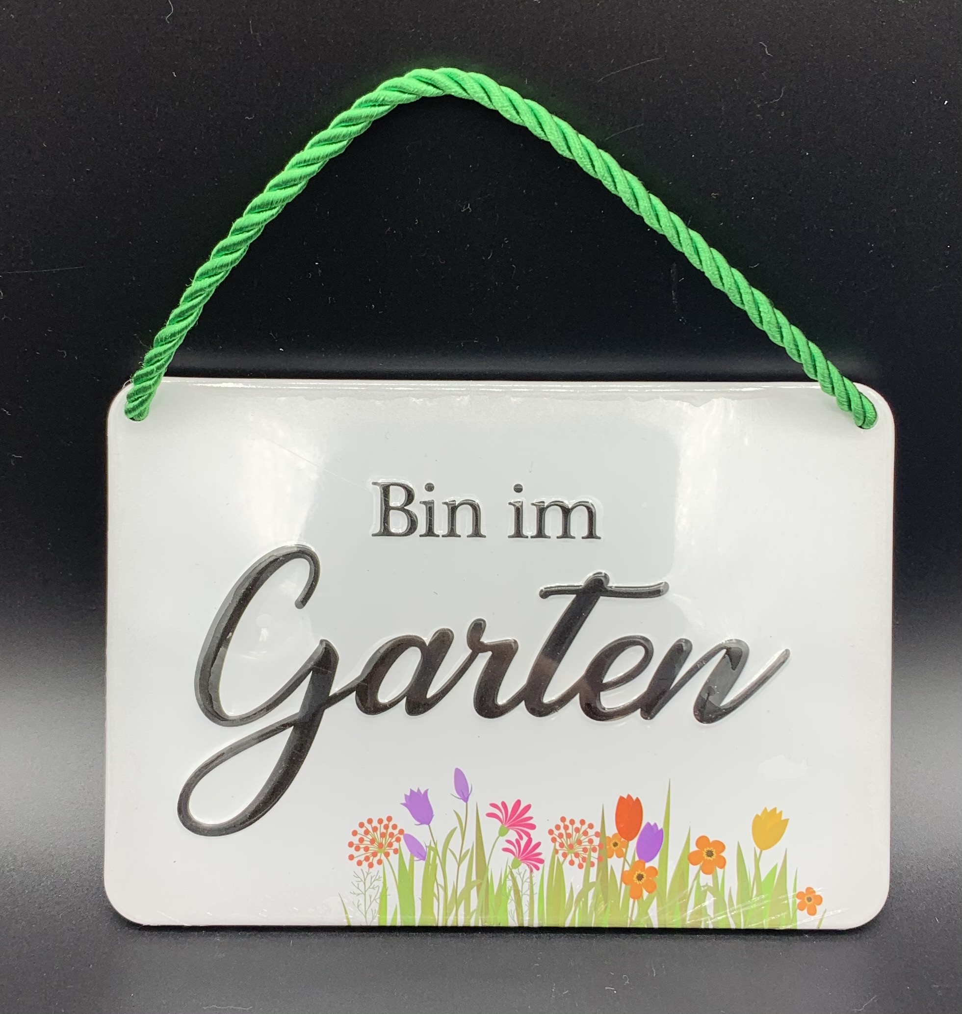 Paradieschen. "Bin im Garten" Blechschild mit Kordel