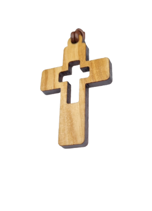 Picture of Holzkreuz Anhänger innen ausgestellt mit Lederband