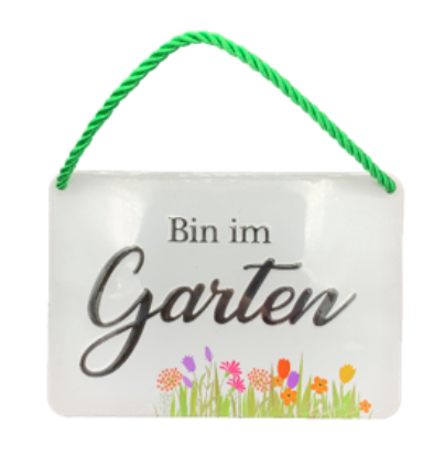 Bild von "Bin im Garten" Blechschild mit Kordel