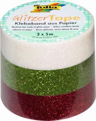 Bild von Glitzer Tape 3er Set 5mx15mm weiß/grün/rot